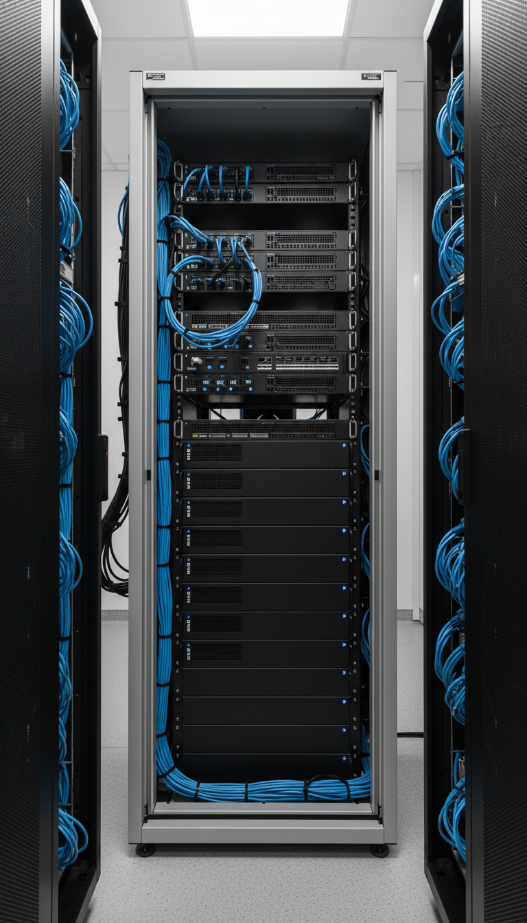 A meticulously organized server rack featuring sleek, matte-black hardware with blue status LEDs softly glowing against brushed aluminum panels. The rack is positioned in a pristine data center environment with clean, structured cable management and neutral gray flooring. Gentle, diffused overhead lighting casts subtle highlights on the metal surfaces, producing a balanced scene without harsh reflections. The mood is highly professional and methodical, evoking trust and technological reliability. Photographed at an eye-level angle with sharp focus throughout, the composition emphasizes clean lines and corporate order. The visual style is photographic realism with a minimalist and modern aesthetic, embodying backend engineering excellence for a portfolio site.